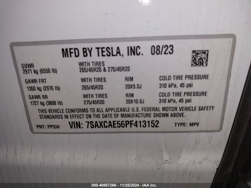 2023 Tesla Model X Dual Motor All-Wheel Drive/Standard Range VIN: 7SAXCAE56PF413152 Lot: 40957266