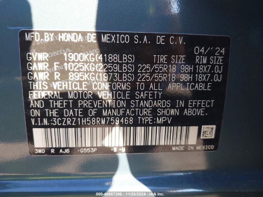 2024 Honda Hr-V 2Wd Sport/2Wd Sport W/O Bsi VIN: 3CZRZ1H58RM759468 Lot: 40957306