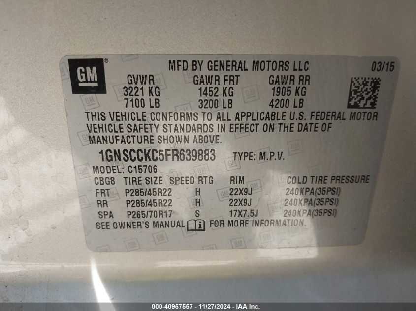 VIN 1GNSCCKC5FR639883 2015 CHEVROLET TAHOE no.9