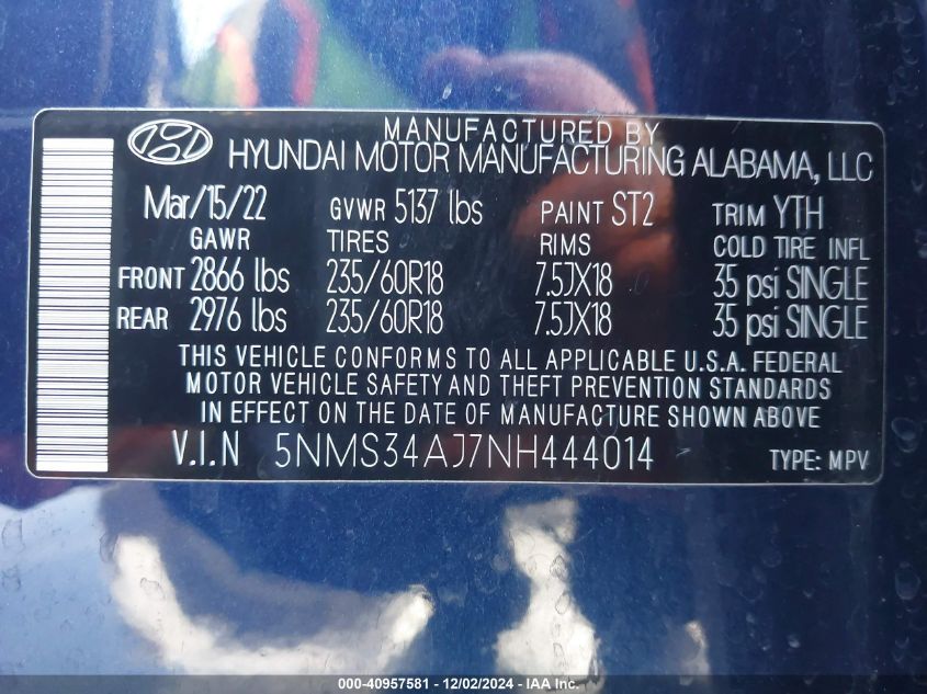 2022 Hyundai Santa Fe Sel VIN: 5NMS34AJ7NH444014 Lot: 40957581