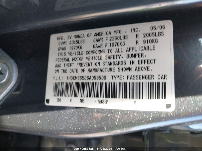 2006 Honda Accord VIN: 1HGCN66506A059500 Lot: 40957585
