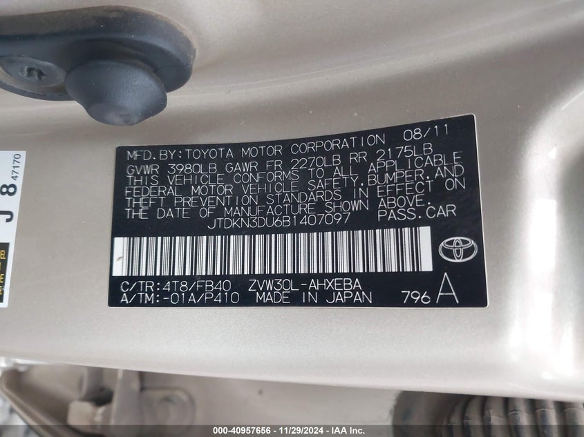 2011 TOYOTA PRIUS VIN: JTDKN3DU6B1407097