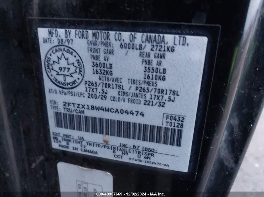 1998 Ford F150 VIN: 002FTZX18WCA04474 Lot: 40957669