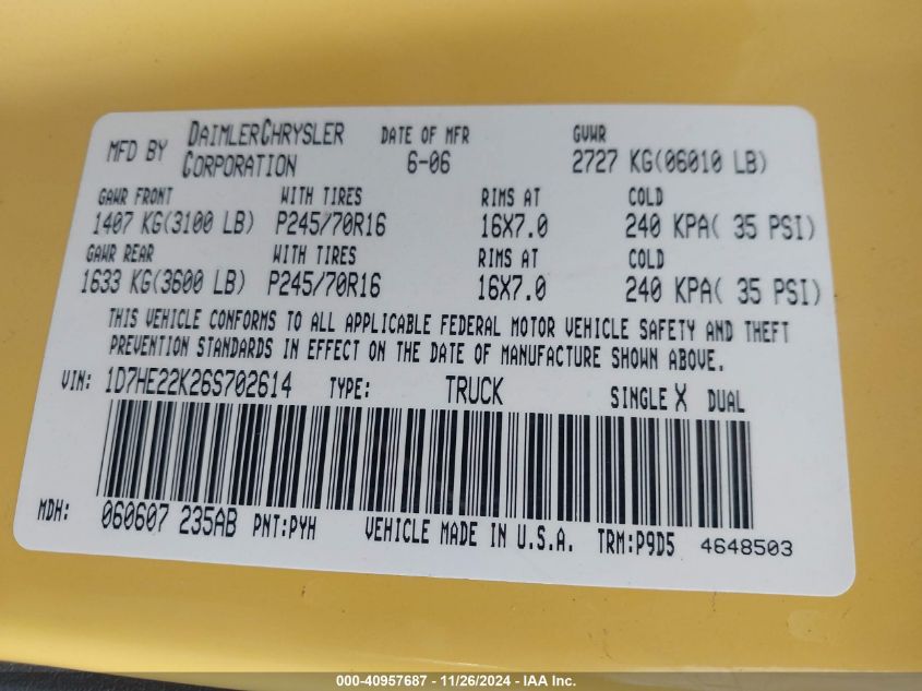 2006 Dodge Dakota Laramie/St VIN: 1D7HE22K26A702614 Lot: 40957687