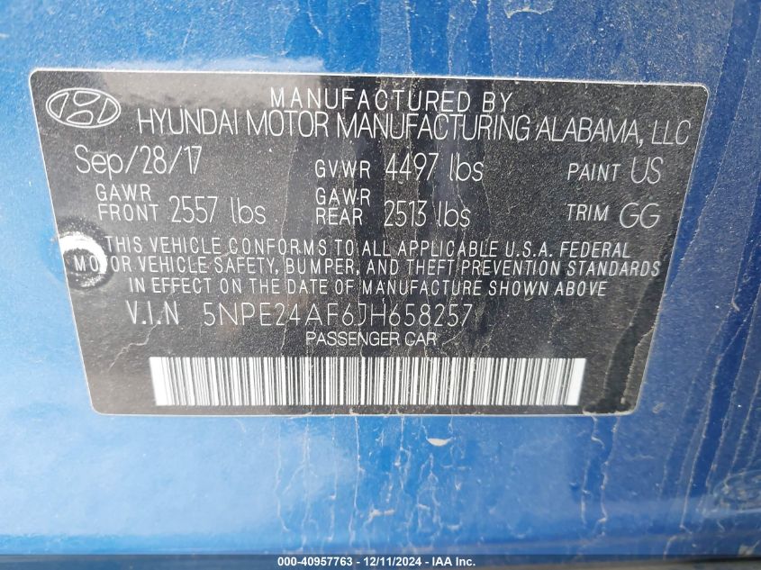 VIN 5NPE24AF6JH658257 2018 Hyundai Sonata, SE no.9