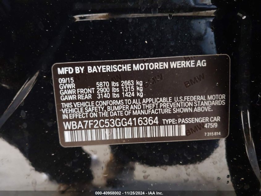 VIN WBA7F2C53GG416364 2016 BMW 7 Series, 750I Xdrive no.9