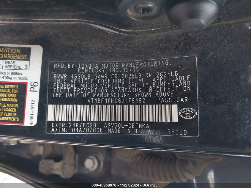 2016 TOYOTA CAMRY VIN: 4T1BF1FK0GU179192