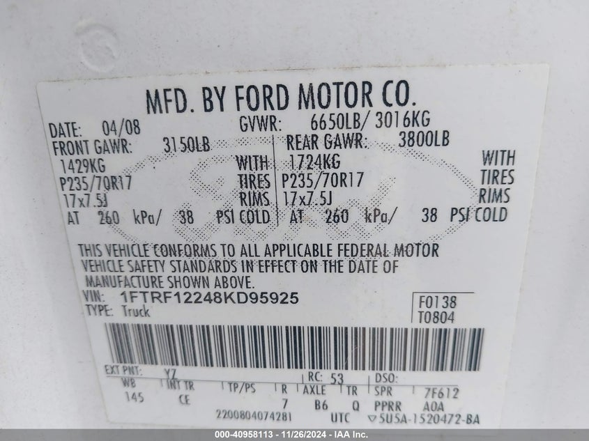 2008 FORD F-150 VIN: 1FTRF12248KD95925