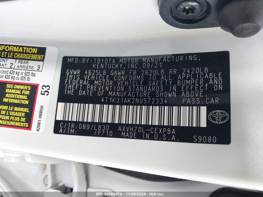 2022 TOYO CAMRY HYBRID XSE W/C VIN: 4T1K31AK2NU572334
