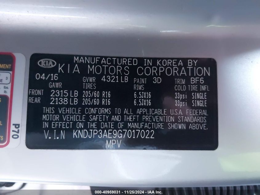 VIN KNDJP3AE9G7017022 2016 KIA Soul, Ev no.9