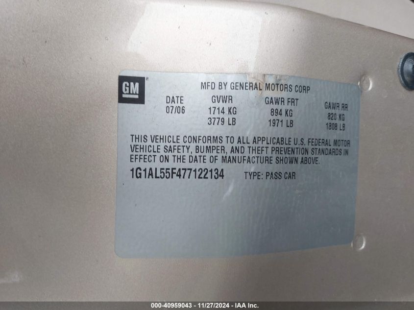 2007 Chevrolet Cobalt Lt VIN: 1G1AL55F477122134 Lot: 40959043