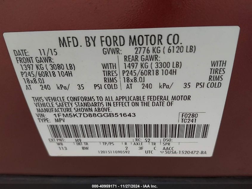 VIN 1FM5K7D88GGB51643 2016 FORD EXPLORER no.9