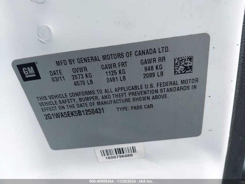 2011 Chevrolet Impala Ls VIN: 2G1WA5EK5B1250431 Lot: 40959264