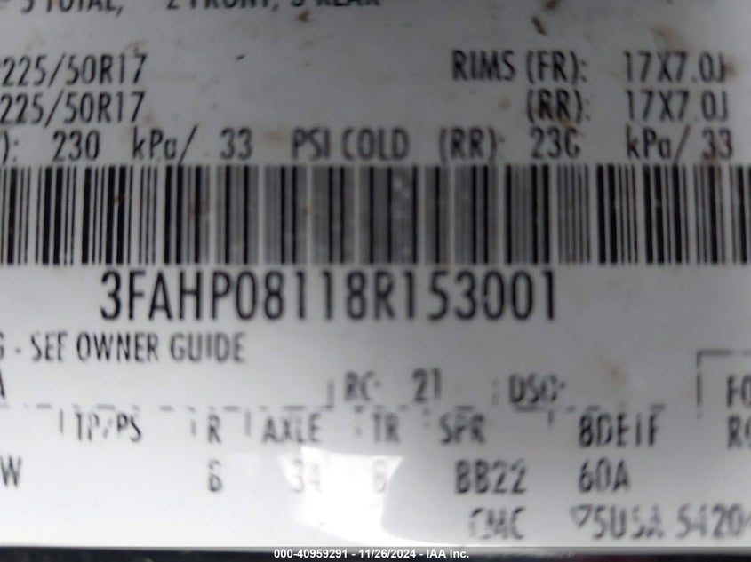 2008 FORD FUSION VIN: 3FAHP08118R153001