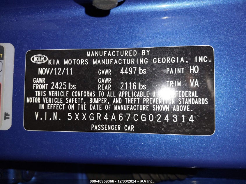 2012 KIA OPTIMA VIN: 5XXGR4A67CG024314