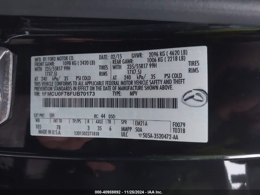 VIN 1FMCU0F78FUB70173 2015 FORD ESCAPE no.9