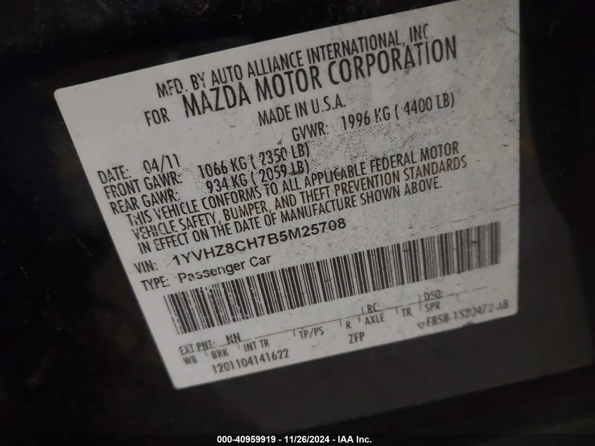 2011 MAZDA 6 VIN: 1YVHZ8CH7B5M25708