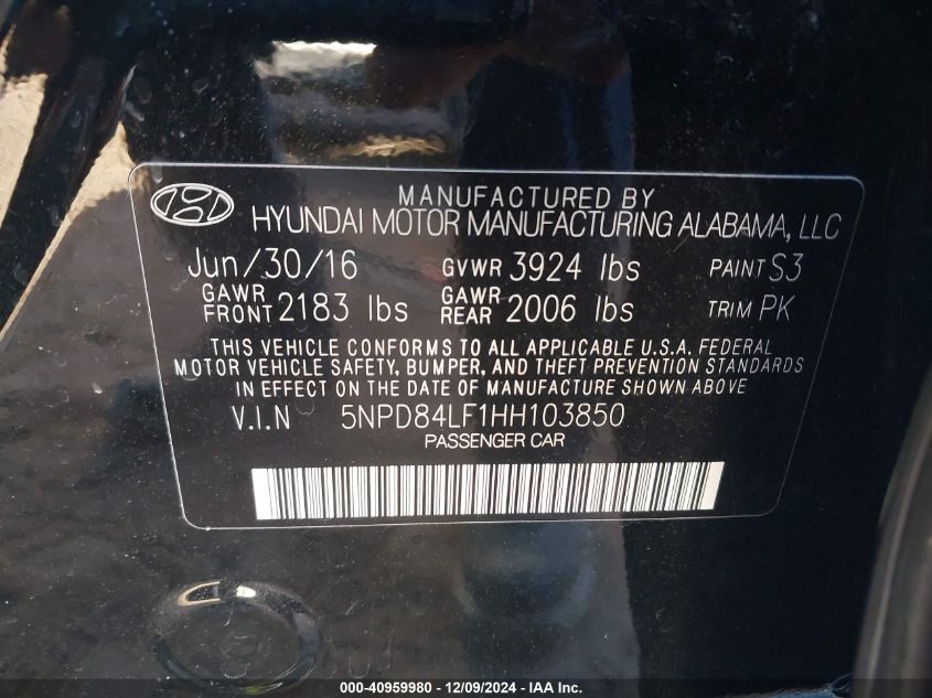 VIN 5NPD84LF1HH103850 2017 HYUNDAI ELANTRA no.9