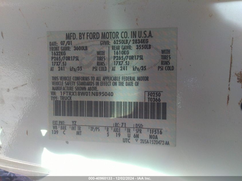 2001 Ford F150 VIN: 1FCRX18W01NM95040 Lot: 40960133