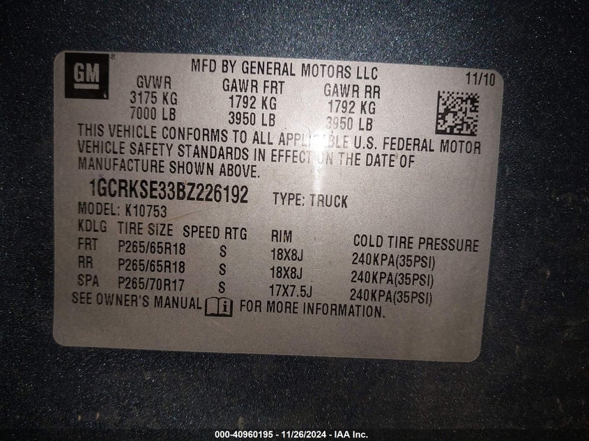 2011 CHEVROLET SILVERADO 1500 VIN: 1GCRKSE33BZ226192