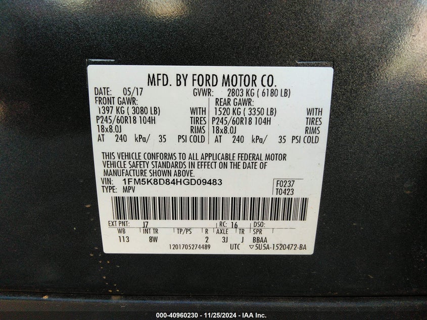 VIN 1FM5K8D84HGD09483 2017 FORD EXPLORER XLT