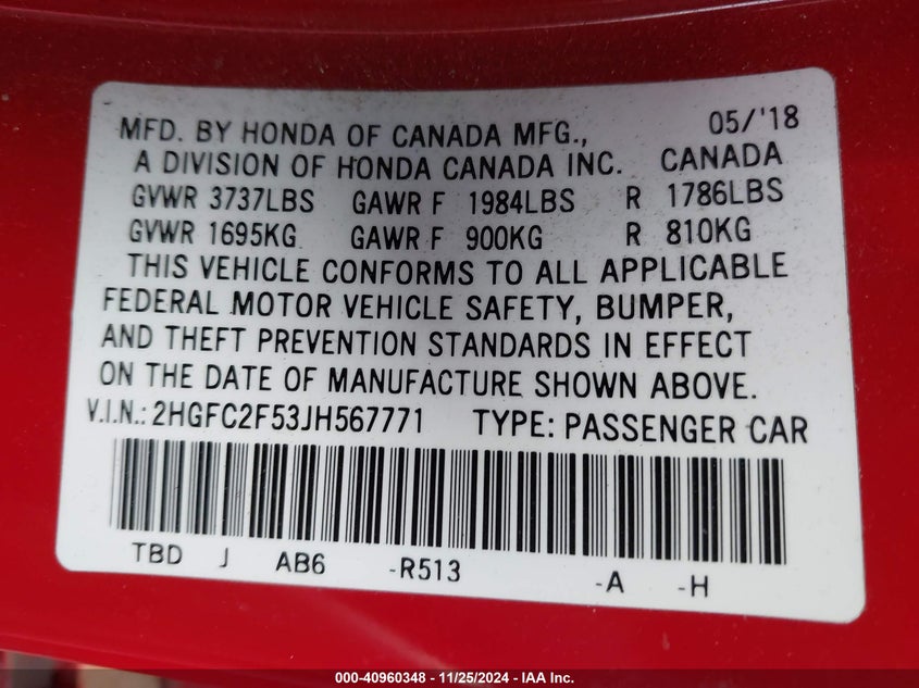2018 HONDA CIVIC VIN: 2HGFC2F53JH567771
