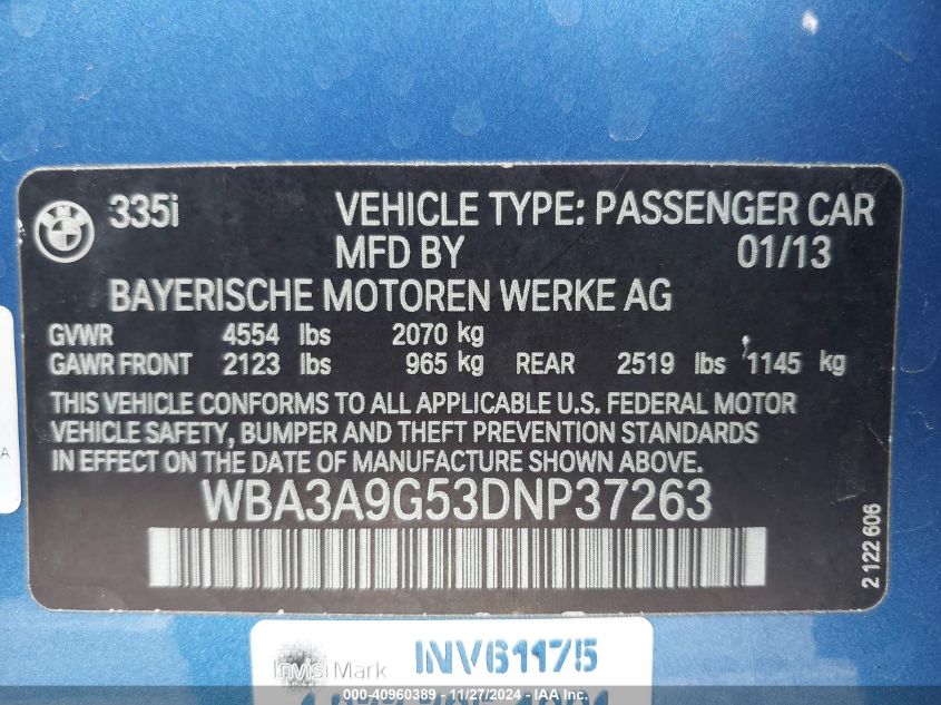 VIN WBA3A9G53DNP37263 2013 BMW 3 Series, 335I no.9