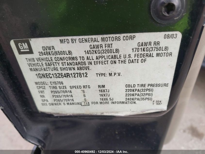 2004 Chevrolet Tahoe Ls VIN: 1GNEC13Z64R127812 Lot: 40960492