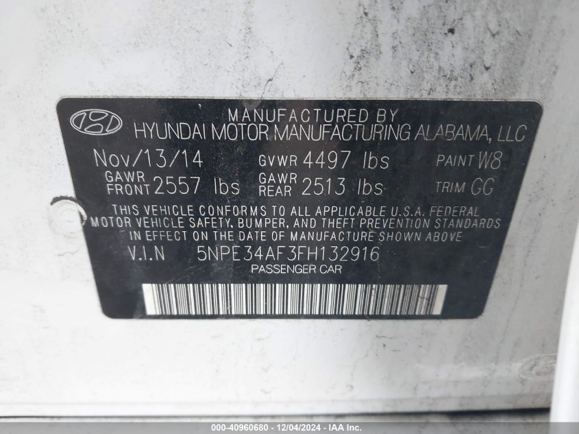 2015 Hyundai Sonata Limited VIN: 5NPE34AF3FH132916 Lot: 40960680