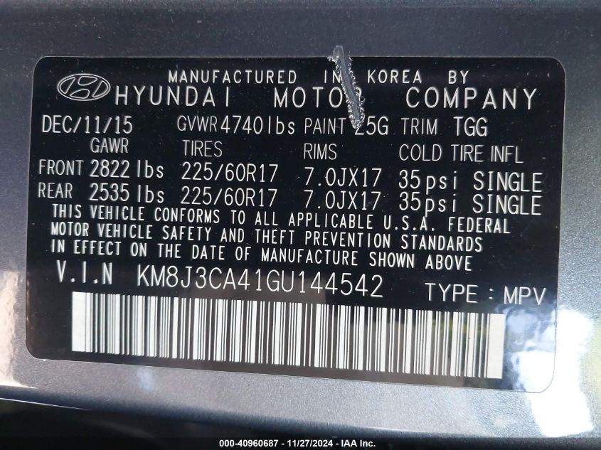 VIN KM8J3CA41GU144542 2016 Hyundai Tucson, SE no.9