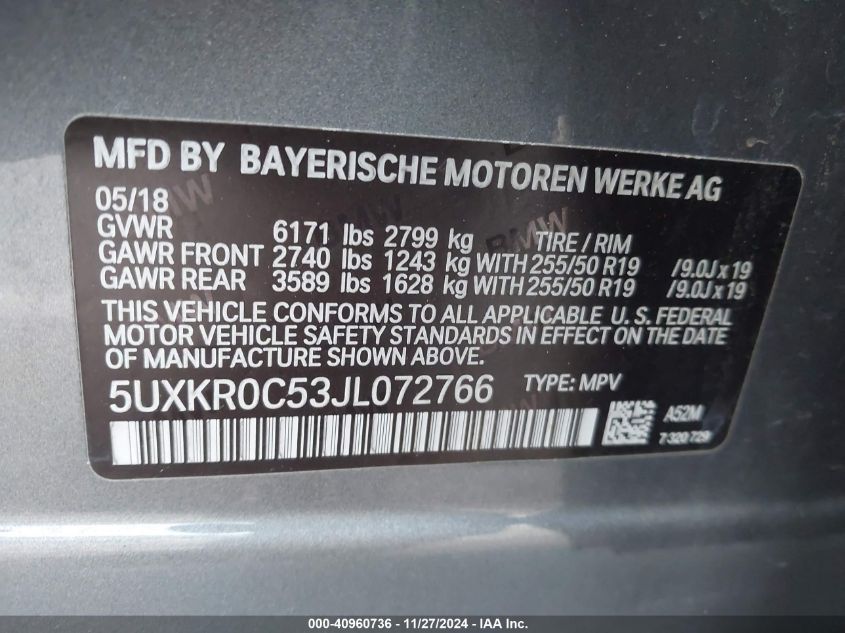 VIN 5UXKR0C53JL072766 2018 BMW X5, Xdrive35I no.9