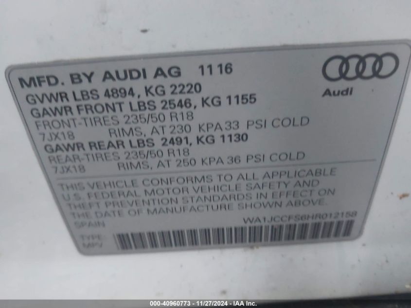 2017 AUDI Q3 2.0T PREMIUM - WA1JCCFS6HR012158