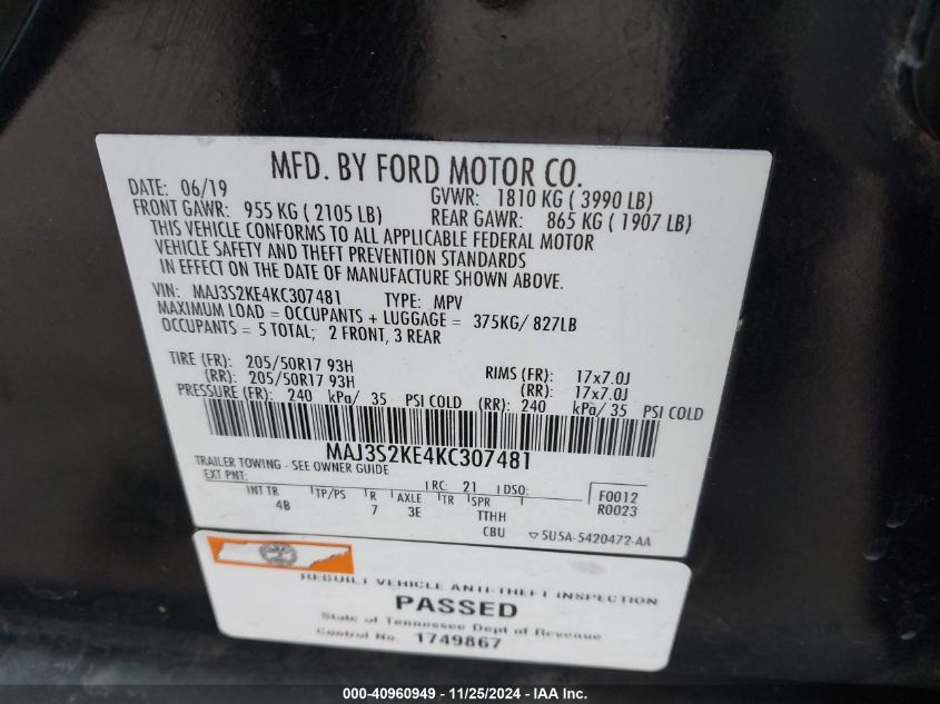 2019 Ford Ecosport Titanium VIN: MAJ3S2KE4KC307481 Lot: 40960949