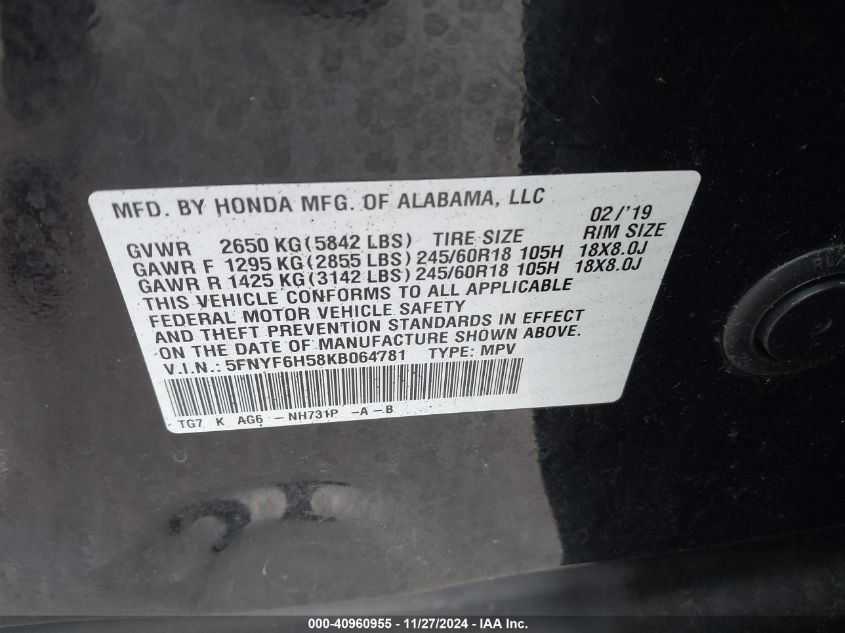 VIN 5FNYF6H58KB064781 2019 Honda Pilot, Ex-L no.9