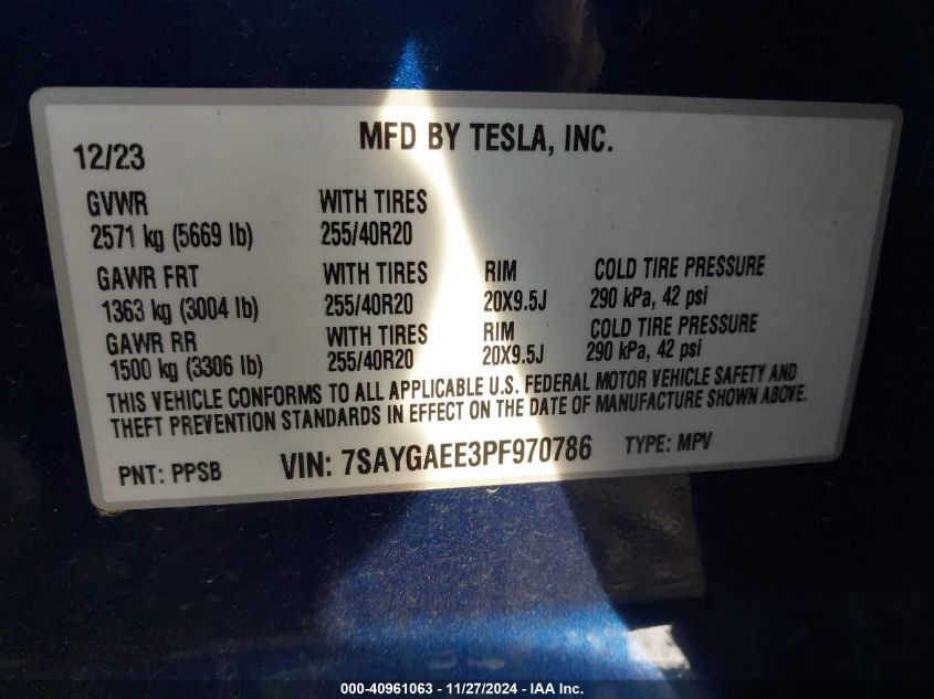 2023 Tesla Model Y Awd/Long Range Dual Motor All-Wheel Drive VIN: 7SAYGAEE3PF970786 Lot: 40961063