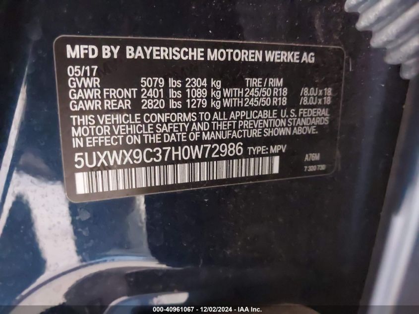 VIN 5UXWX9C37H0W72986 2017 BMW X3, Xdrive28I no.9