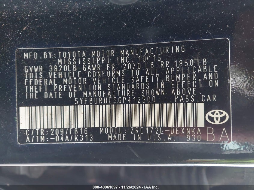 2016 TOYOTA COROLLA VIN: 5YFBURHE5GP412500