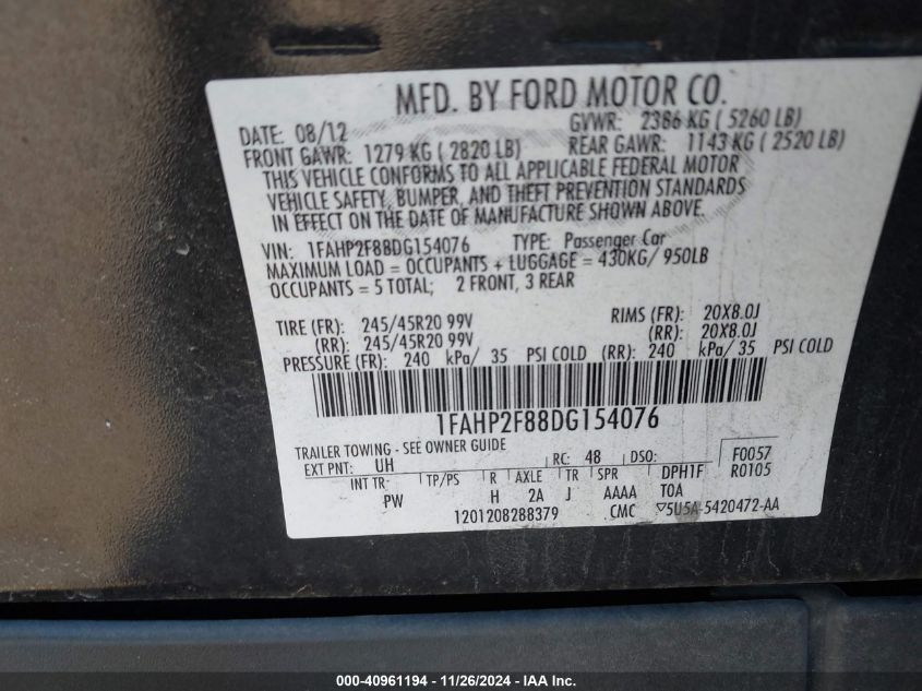 VIN 1FAHP2F88DG154076 2013 FORD TAURUS no.9