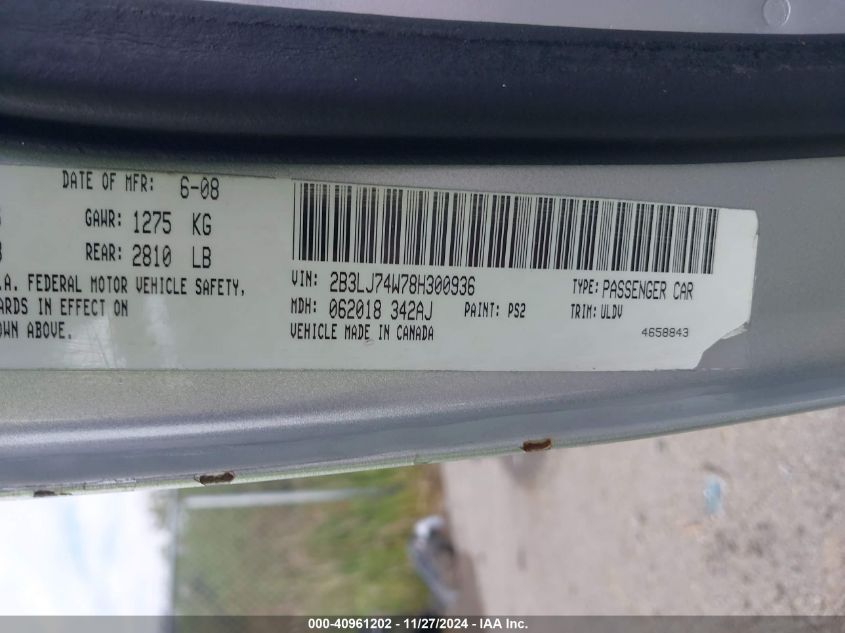 2008 Dodge Challenger Srt8 VIN: 2B3LJ74W78H300936 Lot: 40961202