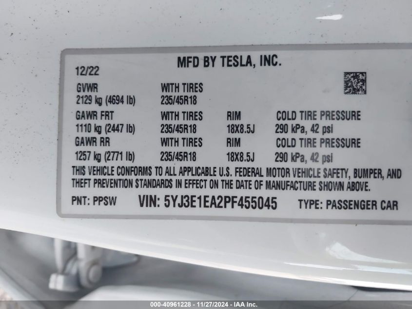 VIN 5YJ3E1EA2PF455045 2023 TESLA MODEL 3 no.9