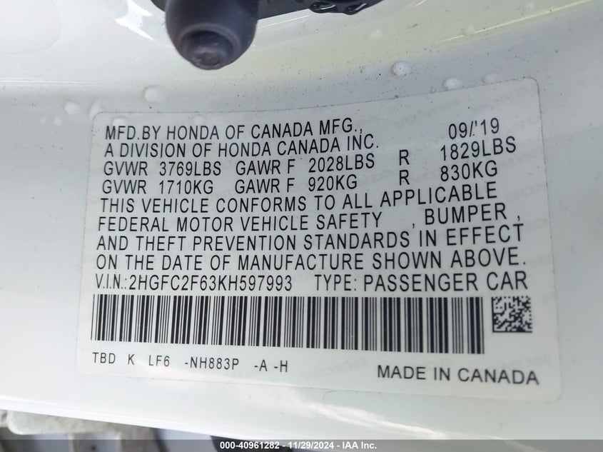 VIN 2HGFC2F63KH597993 2019 HONDA CIVIC LX