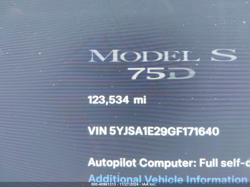 2016 Tesla Model S 60D/70D/75D/85D/90D VIN: 5YJSA1E29GF171640 Lot: 40961313