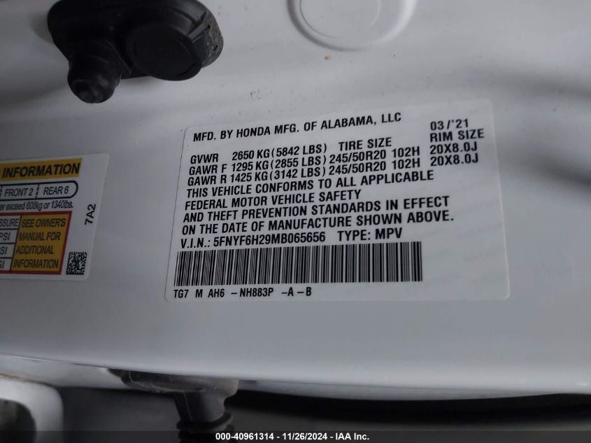 VIN 5FNYF6H29MB065656 2021 Honda Pilot, Awd Special... no.9