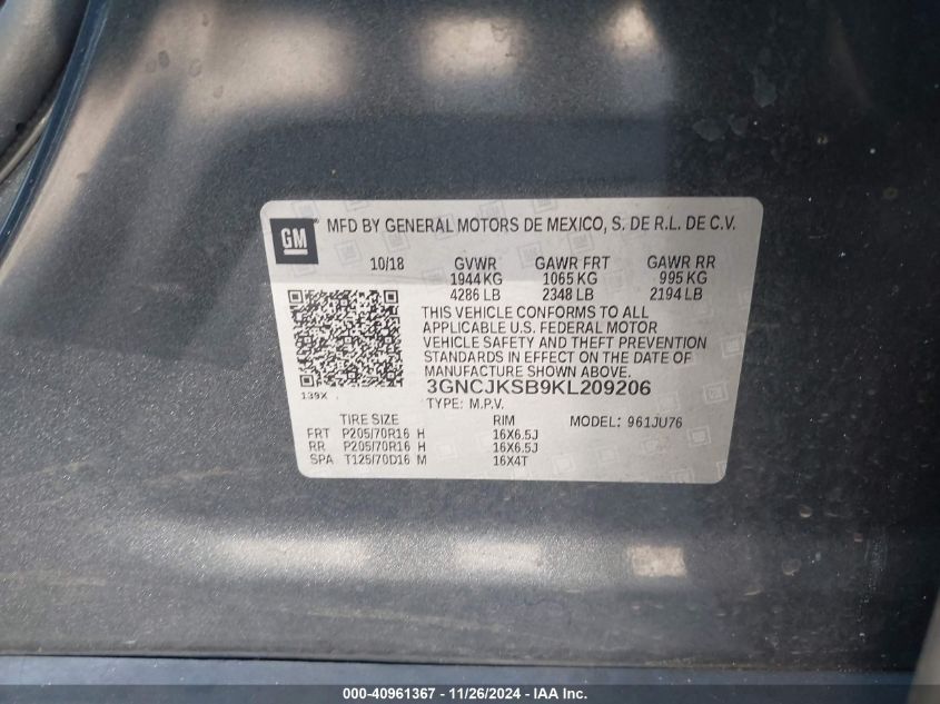 VIN 3GNCJKSB9KL209206 2019 Chevrolet Trax, LS no.9