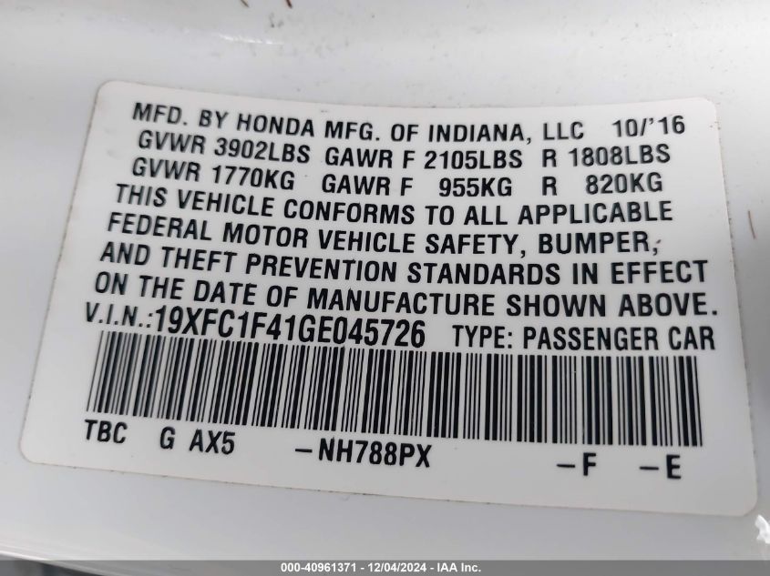 VIN 19XFC1F41GE045726 2016 Honda Civic, Ex-T no.9