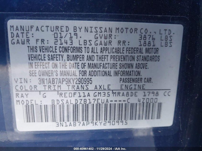 2019 NISSAN SENTRA VIN: 3N1AB7AP9KY290995
