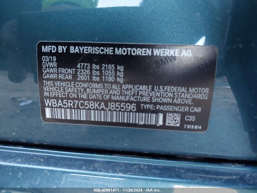 VIN WBA5R7C58KAJ85596 2019 BMW 3 Series, 330I Xdrive no.9