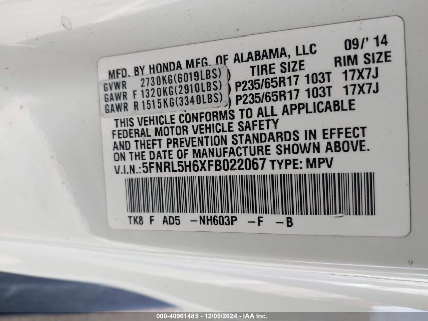 VIN 5FNRL5H6XFB022067 2015 Honda Odyssey, Ex-L no.9