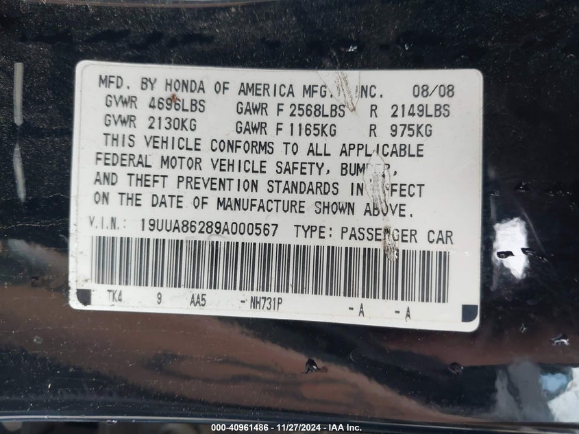 2009 ACURA TL VIN: 19UUA86289A000567
