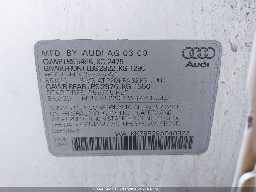 2009 Audi Q5 3.2 Premium VIN: WA1KK78R29A040922 Lot: 40961515